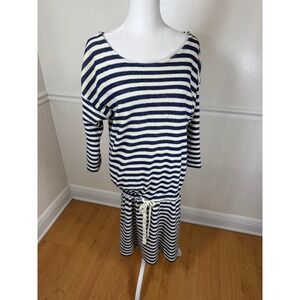 Vineyard Vines Striped Knit Dress Women XS Navy White Drawstring 3/4 Sleeve